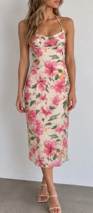 Lulus Harleigh Light Yellow Floral Halter Midi Dress Large Garden Party thumbnail 1