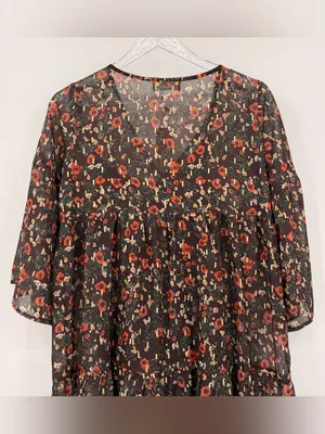 Natural Life Dress Size Small Brown Midi Floral V Neck Bell Sleeve Tiered Boho thumbnail 6