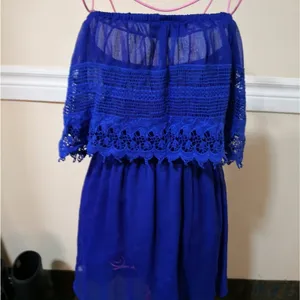 Gameday By Chloe Blue Strapless Boatneck Lace Top Mini Dress S Rainbowcore Twee thumbnail 5