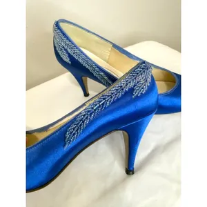 Vintage Nouveau 90s Royal Blue Satin Beaded Pumps Sz 7 thumbnail 2