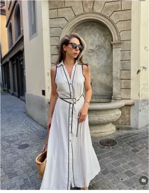 ZARA Cream Maxi Shirt Dress with Black Contrast Trim thumbnail 3