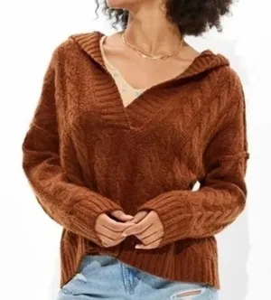 American Eagle Brown Hooded Cable Knit V Neck Sweater Cottagecore Size Small thumbnail 1