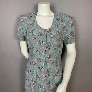 Vintage Floral Dress Shell Buttons Shirred Smocked Midi Cottagecore Summer Fall thumbnail 3