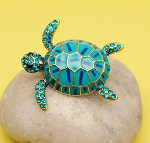 Turquoise Blue Turtle Brooch with Rhinestone Accents thumbnail 1