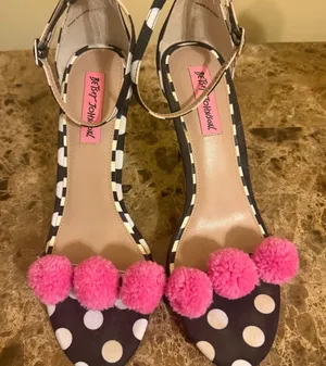 Betsey Johnson Polka Dot Heels with Pink Pom Poms thumbnail 1
