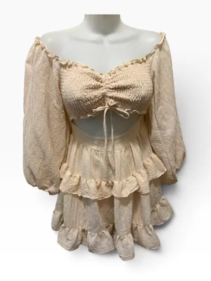 Windsor Milkmaid Smocked Ivory Ruffled Mini Dress S Ruched Top Tier Skirt Balloon Sleeve thumbnail 1