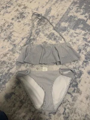 Striped Bandeau Bikini Set in White and Navy thumbnail 4