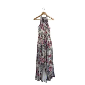 Floral High Low Halter Maxi Dress Rhinestone Waist Pink Purple Cream Sz 4 thumbnail 2