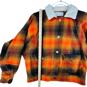 Urban Outfitters Plaid Jacket Sherpa Collar Button Front Orange Black XS‎ Grunge thumbnail 7