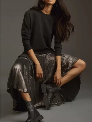 Anthropologie Women’s Twofer Black Knit Oversized Sweater Pleated Midi Dress S thumbnail 8