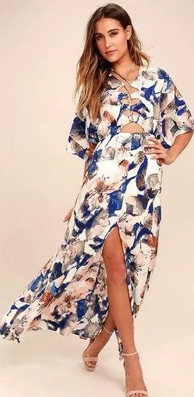 Lulu’s Loveliest of All Floral Lace-Up Maxi Dress thumbnail 1