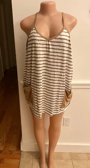 Lpker Womens Sleeveless Athletic Stripe Mini Dress With Built-In Shorts Sundress Khaki thumbnail 3