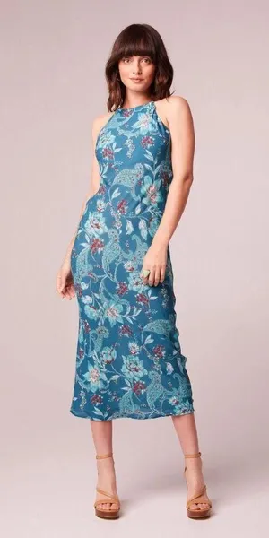Band of the Free Audette Teal Boho Floral Halter Midi Cowl Back Midi Dress Small thumbnail 1