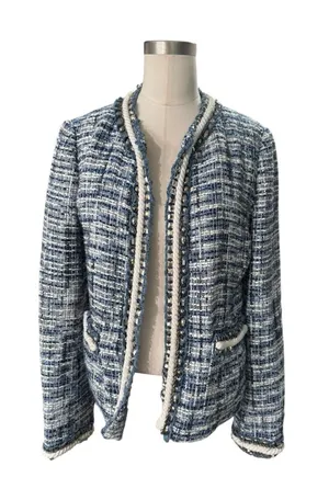 Boston Proper Blue Tweed Jacket Blazer Size 8 Bead Accents Rope Trim thumbnail 1