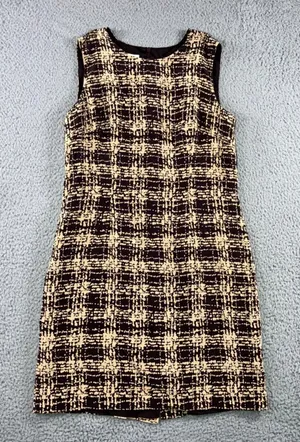 Talbots Petites Pure Silk Plaid Sheath Dress Women 10 Brown Beige Sleeveless‎ thumbnail 1