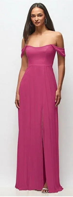 After Six OFF-THE-SHOULDER BASQUE NECK MAXI DRESS FLOUNCE SLEEVES TEA ROSE thumbnail 1