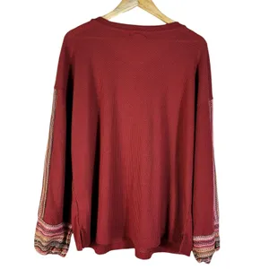Casual Express Chevron Crochet Waffle Knit Top Burgundy Red Boho Size XL thumbnail 6