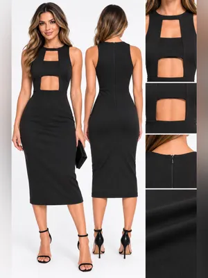 Missguided Black Cutout Bodycon Midi Dress Size 6 Sleeveless Cocktail Party thumbnail 2