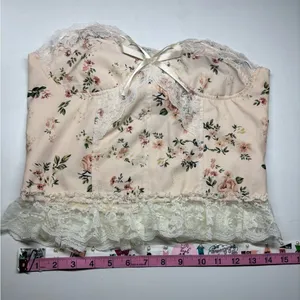 Cider Floral Lace Bustier Crop Top - Cream & Blush with ruffle lace thumbnail 2