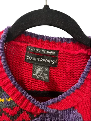 VTG Counterparts Hand Knit Bird Novelty Sweater Red Patchwork Folk Art Cotton M thumbnail 4