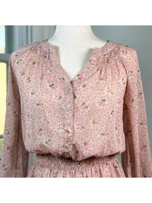 Pink Ditsy Floral Sheer Chiffon Smocked Dress XS Cottagecore Peasant Milkmaid thumbnail 6