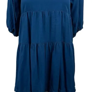 Shinestar Blue Square Neck 3/4 Sleeve Tiered Mini Babydoll Flare A-Line Dress XS thumbnail 4