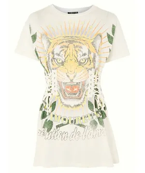 Tiger Corset Longline Tunic Tee Cream Lace-Up Edgy Cat Animal Long Top 0 thumbnail 1
