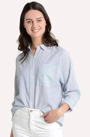 ATM Blue White Stripe Boyfriend Button Down Blouse Cotton Preppy Minimalist XS thumbnail 1