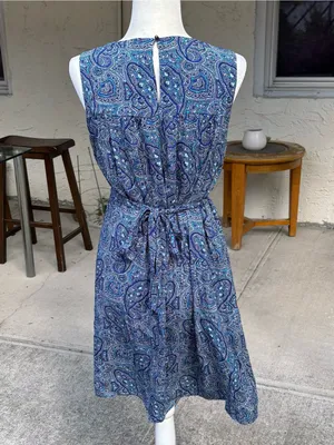 GAP Blue Paisley Shirred Swing Dress Tie Waist Pockets Size M thumbnail 5