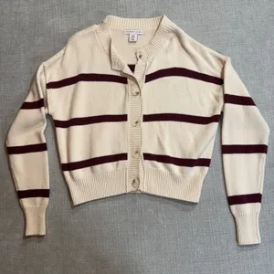 Sincerely Jules Striped Cardigan Sweater Medium Cream Burgundy Button Front Crop thumbnail 1