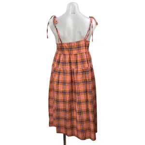 Collusion Orange Blue Plaid Check Sleeveless Tie Tiered A Line Midi Dress Size 6 thumbnail 3