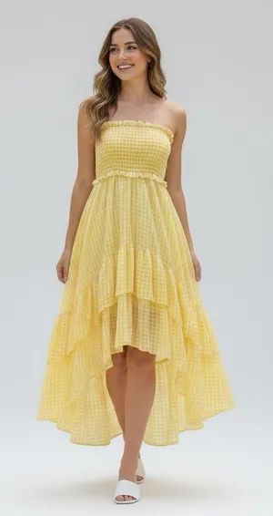 Anthropologie Yellow Gingham Dress Medium Low Coquette Cottagecore Boho Ruffle thumbnail 1