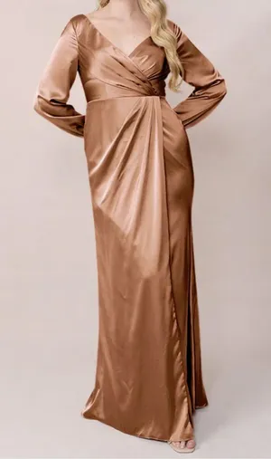 Revelry Vera Satin Bridesmaid Dress Long Sleeve Champagne Taupe Sz 8 Formal Gown thumbnail 1