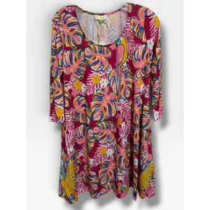 Simply Southern Tropical Parrot Dress Small Pink Palm Leaf Sharkbite Pockets NWT thumbnail 3