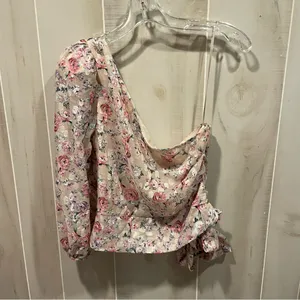 Cute creamy blush floral ruffle crop silky 1 shoulder crop top mermaid fairy thumbnail 9