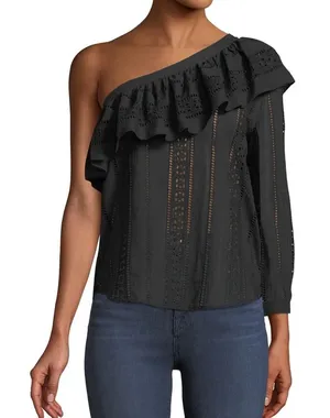 Veronica Beard Cruz Eyelet Top One Shoulder Ruffle Shirt Size 6 Casual thumbnail 1