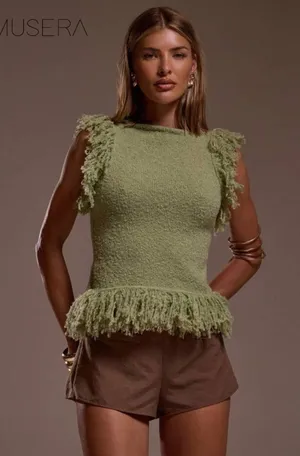 Green knit fringe top thumbnail 1