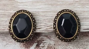 Vintage Clip On Earrings Black Faceted Gem with Ornate Halo thumbnail 1