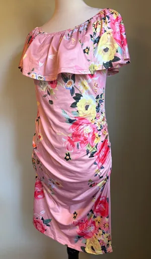 Pink Floral Off Shoulder Ruffle Ruched Bodycon Dress M boho Y2K whimsi dainty re thumbnail 1