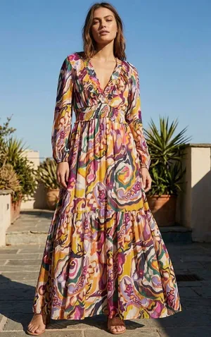 Anthropologie Multicolor Swirl-Print V-Neck Tiered Maxi Dress thumbnail 1