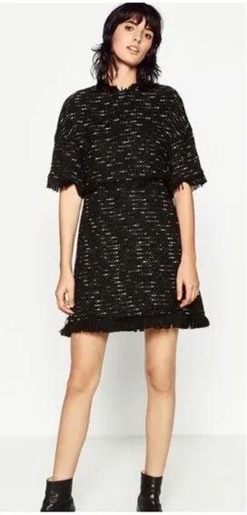 Zara Black Fringe Tweed Textured Knit Wide Sleeve Aline Mini Dress Medium thumbnail 1