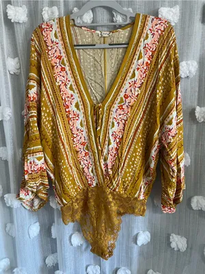 Free people intimately V-Neck Floral Stripe Lace-Trim Bodysuit - Mustard thumbnail 1
