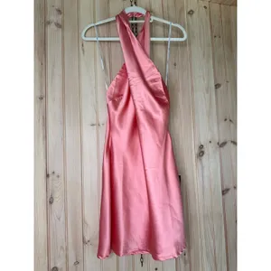 Lulus Peach Satin Halter Neck Mini Dress Party Cocktail Wedding Night Out Small thumbnail 2