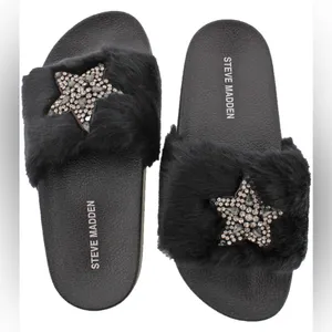 Steve Madden Black Faux Fur Shimmer Embellished Star Slide Sandals thumbnail 2