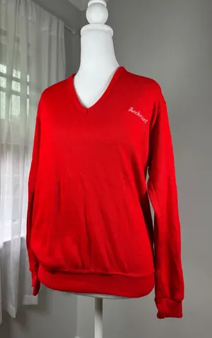 Vintage ‘80s Moorewear Rockmont Summer Camp Red V-Neck Pullover Unisex Sweater thumbnail 1