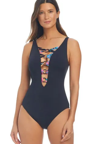 NWT Bleu Rod Beattie Thing Plunge Over-the-Shoulder One-Piece Swimsuit Black 6 thumbnail 1