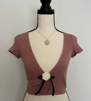 PacSun cream camellia & black bow mauve wrap crop top thumbnail 1