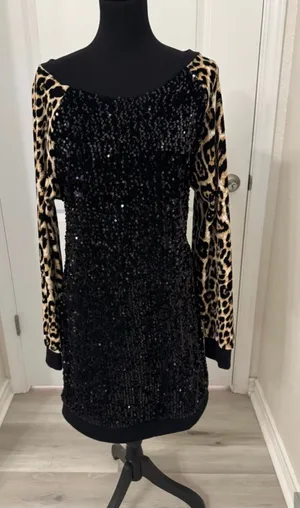 Boston Proper Black Sequin Dress with Leopard Print Long Sleeves thumbnail 1