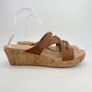 Crocs A-Leigh Leather Cork Wedge Sandals Brown Strappy Slip On Womens 8 Comfort thumbnail 3