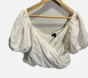 J.Crew Wrap Crop Top Womens XL White‎ Puff Sleeve Smocked Cotton Cottagecore thumbnail 1